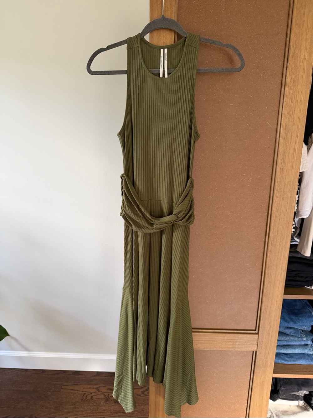 By Anthropologie Sleeveless Olive Midi Dress with Waist Knot